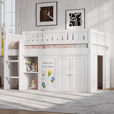 Merax Loft Bed with Storage Cabinet and Chalkboard Panel