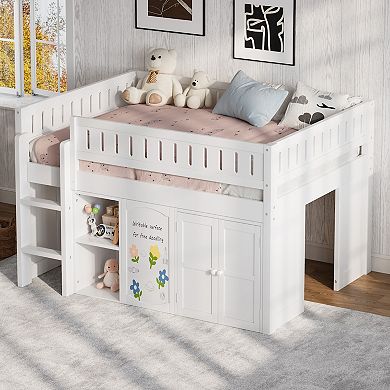 Merax Loft Bed with Storage Cabinet and Chalkboard Panel