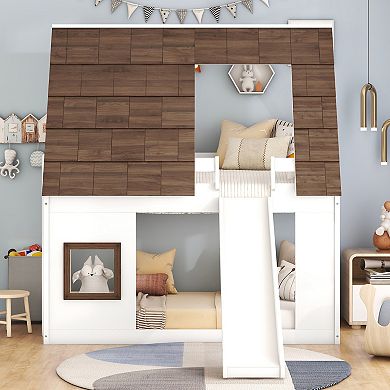 Merax Wood Twin Size House Bunk Bed with Roof, Ladder and Slide