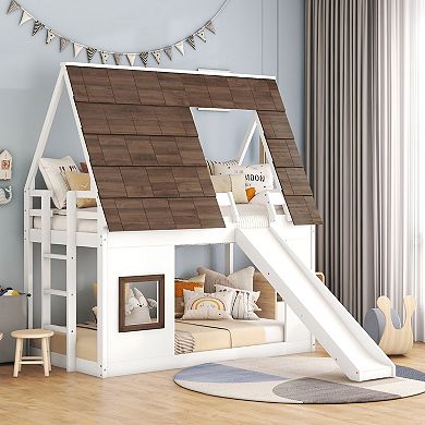 Merax Wood Twin Size House Bunk Bed with Roof, Ladder and Slide