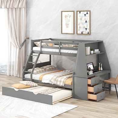 Merax Twin over Full Bunk Bed with Trundle and Built in Desk, Three Storage Drawers and Shelf