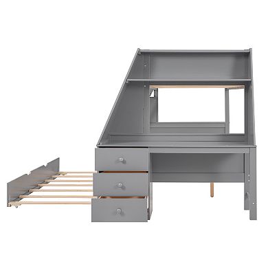 Merax Twin over Full Bunk Bed with Trundle and Built in Desk, Three Storage Drawers and Shelf