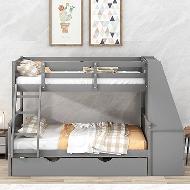 Merax Twin over Full Bunk Bed with Trundle and Built in Desk, Three Storage Drawers and Shelf