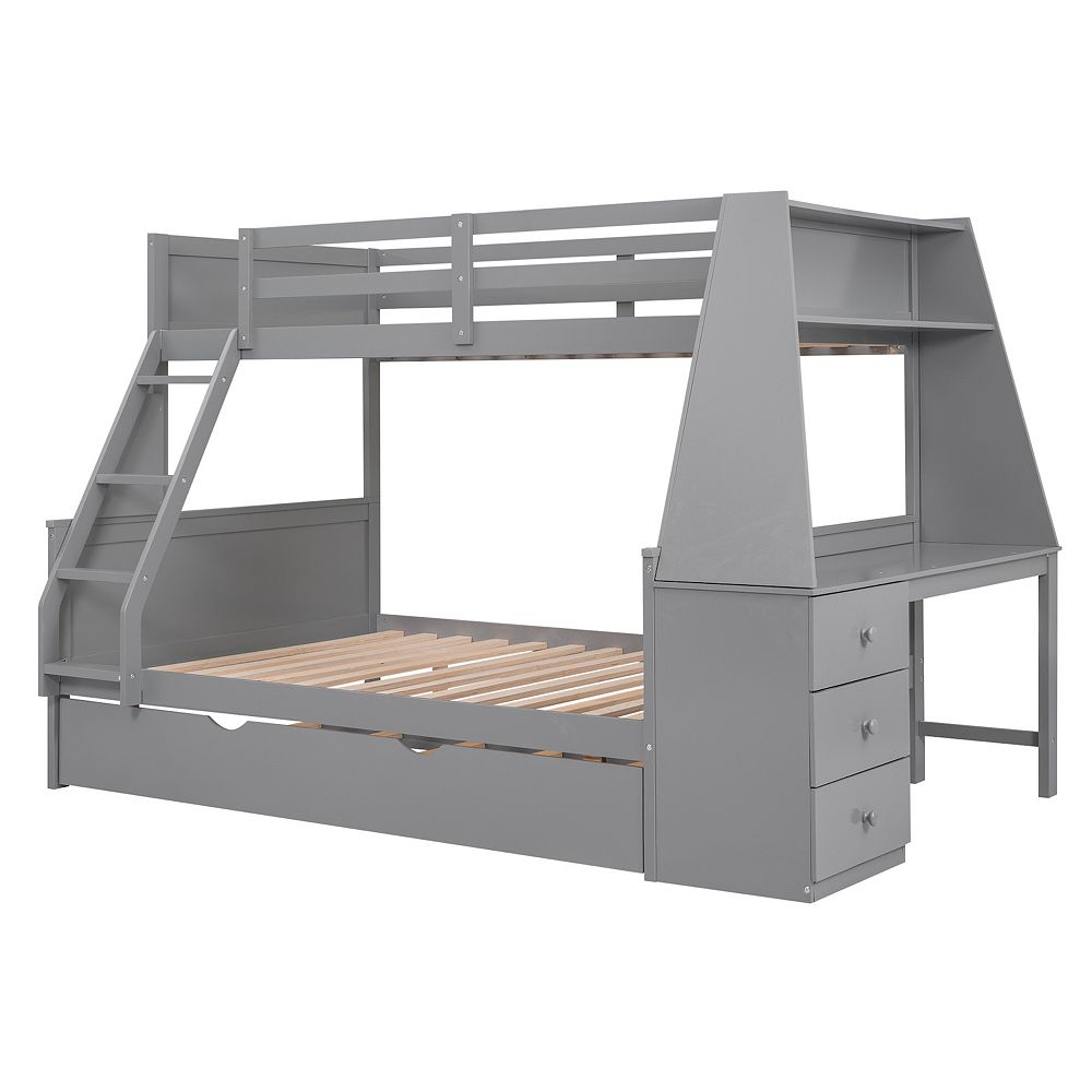 Merax Twin over Full Bunk Bed with Trundle and Built in Desk, Three ...