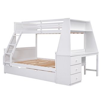 Merax Twin over Full Bunk Bed with Trundle and Built in Desk, Three Storage Drawers and Shelf
