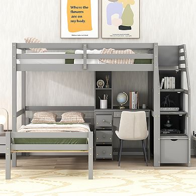 Merax Twin Size Loft Bed with a Stand-alone Bed, Storage Staircase, Desk, Shelves and Drawers