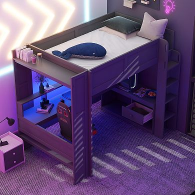 Merax Wood Twin Size Gaming Loft Bed with Desk, Multi-storage Shelves, LED and Charging Station