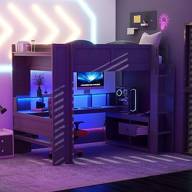 Merax Wood Twin Size Gaming Loft Bed with Desk, Multi-storage Shelves, LED and Charging Station