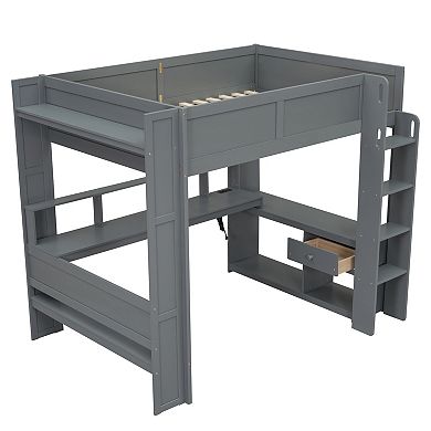 Merax Wood Twin Size Gaming Loft Bed with Desk, Multi-storage Shelves, LED and Charging Station
