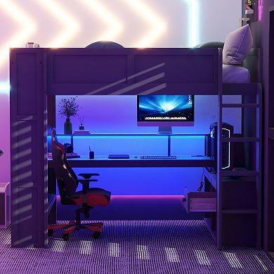 Merax Wood Twin Size Gaming Loft Bed with Desk, Multi-storage Shelves, LED and Charging Station