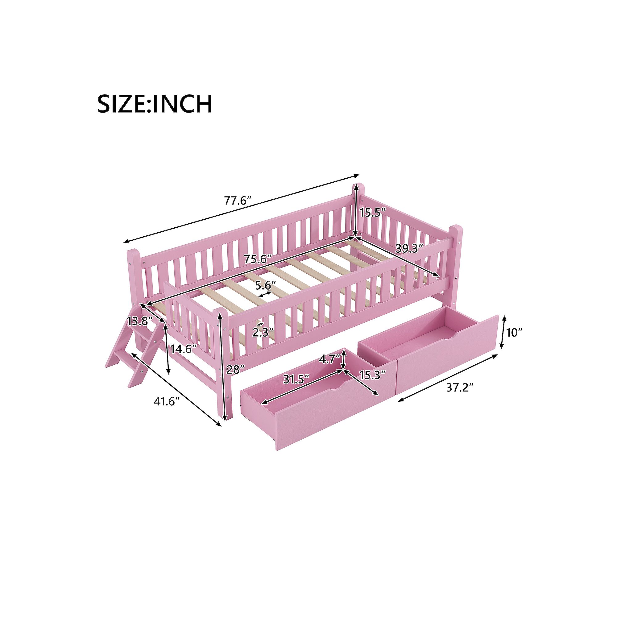 Bed dimensions diagram in inches for twin platform bed with drawers