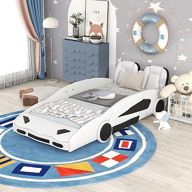 Merax Twin Size Race Car-Shaped Platform Bed with Wheels