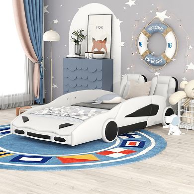 Merax Twin Size Race Car-Shaped Platform Bed with Wheels
