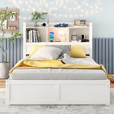 Merax Full Size Storage Platform Bed with Pull Out Shelves, Twin Size Trundle and 2 Drawers