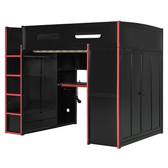 Merax Full Size Wood Loft Bed with Desk,Wardrobe,Ample Storage Space,and RGB Light
