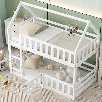 Merax Twin over Twin House Bunk Bed with Fence and Door