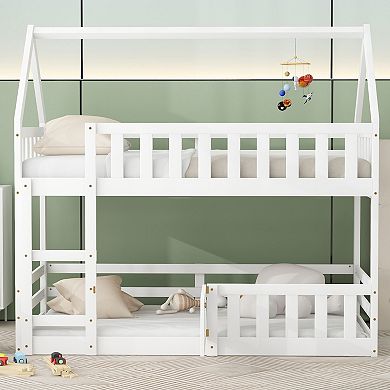 Merax Twin over Twin House Bunk Bed with Fence and Door