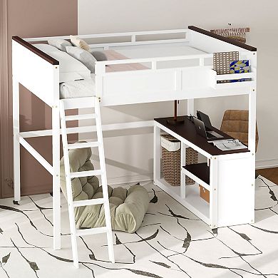 Merax Queen Size Loft Bed with Desk,Open Shelf and a Storage Box,USB Charging Station