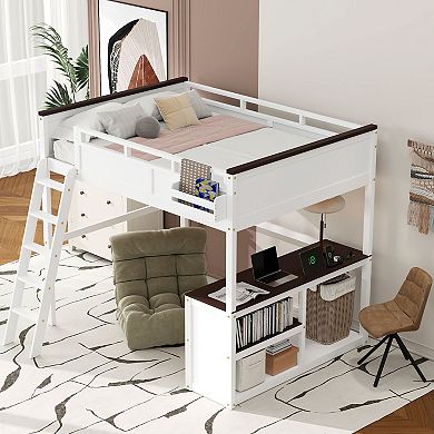 Merax Queen Size Loft Bed with Desk,Open Shelf and a Storage Box,USB Charging Station