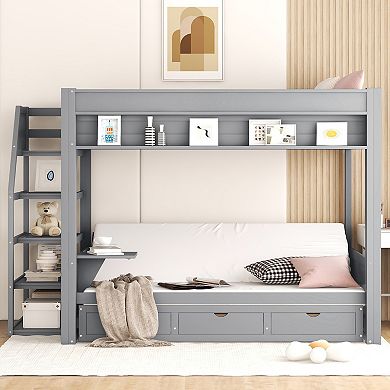 Merax Wood Full Size Convertible Bunk Bed with Storage Staircase, Bedside Table, and 3 Drawers