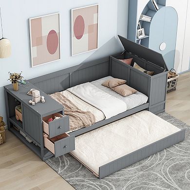 Merax Twin Size Daybed with Storage Arms, Trundle and Charging Station