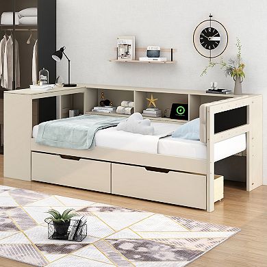 Merax Wood Platform Bed with Storage Shelves, Drawers, Charging Station and Upholstered Headboard