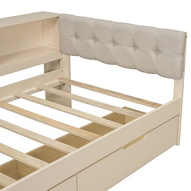 Merax Wood Platform Bed with Storage Shelves, Drawers, Charging Station and Upholstered Headboard