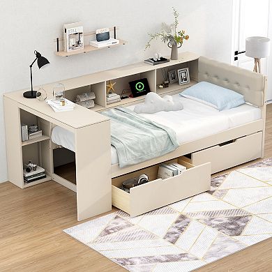 Merax Wood Platform Bed with Storage Shelves, Drawers, Charging Station and Upholstered Headboard