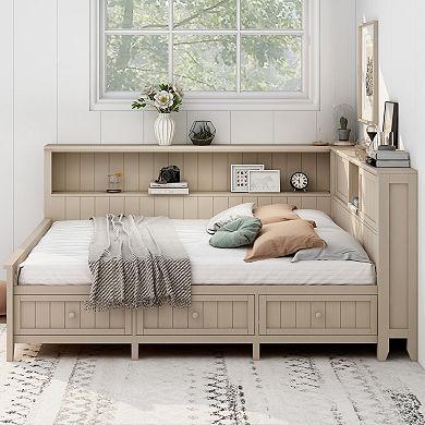 Merax Twin Size Wood Daybed with Storage Shelves and 3 Drawers