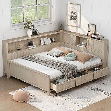 Merax Twin Size Wood Daybed with Storage Shelves and 3 Drawers