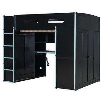 Merax Full Size Wood Loft Bed with Desk,Wardrobe,Ample Storage Space,and RGB Light