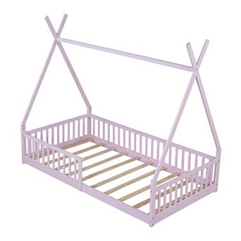 Merax Twin Size Wood House Bed with Fence