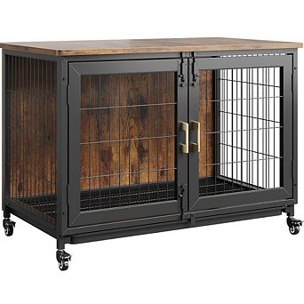 Rustic Farmhouse Dog Kennel, Heavy Duty with Locking Wheels, Ventilated Base & Slide-Out Tray