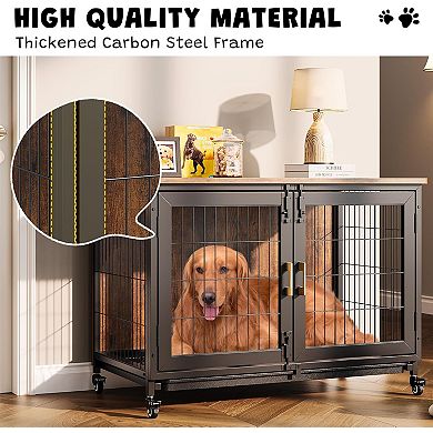 Rustic Farmhouse Dog Kennel, Heavy Duty with Locking Wheels, Ventilated Base & Slide-Out Tray