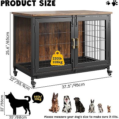 Rustic Farmhouse Dog Kennel, Heavy Duty with Locking Wheels, Ventilated Base & Slide-Out Tray