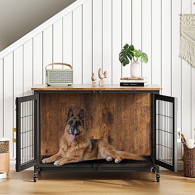 Rustic Farmhouse Dog Kennel, Heavy Duty with Locking Wheels, Ventilated Base & Slide-Out Tray