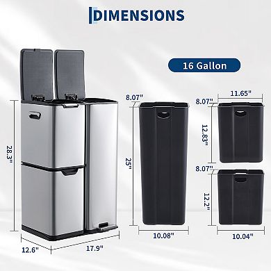 16 Gal Triple Compartment Stainless Steel Trash Can with Foot Pedal, Removable Inner Bucket
