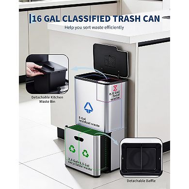 16 Gal Dual Trash Can with Compost Bin, Removable Inner Bucket, Odor Control, 33L & 28L