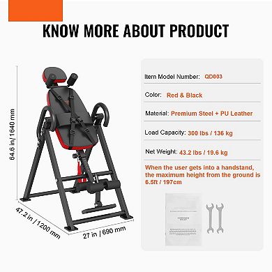 Heavy Duty Inversion Table 300 LB Capacity Back Stretcher with Headrest Red Black