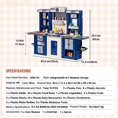 Kids Kitchen Playset 3 in 1 Toddler Play Kitchen with Lights Sounds and 74 Piece Accessories