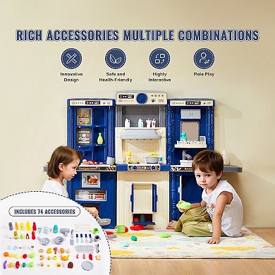 Kids Kitchen Playset 3 in 1 Toddler Play Kitchen with Lights Sounds and 74 Piece Accessories