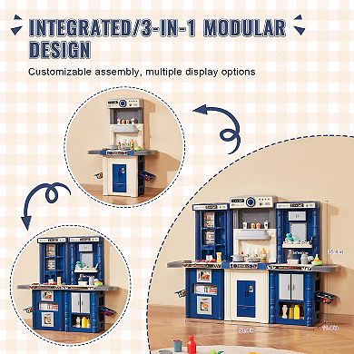 Kids Kitchen Playset 3 in 1 Toddler Play Kitchen with Lights Sounds and 74 Piece Accessories