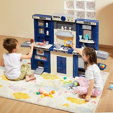 Kids Kitchen Playset 3 in 1 Toddler Play Kitchen with Lights Sounds and 74 Piece Accessories