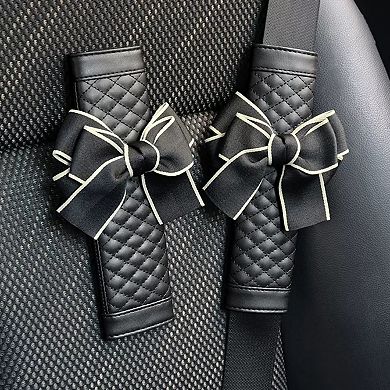 Quilted PU Leather Car Seat Belt Covers with Decorative Ribbon Bow Set