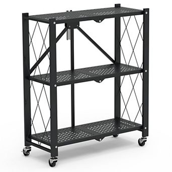 3 tier Foldable Storage Shelf with Lockable Wheels, Heavy-Duty Rolling Organizer for Home