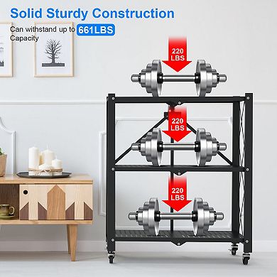 3-Tier Foldable Storage Shelf with Lockable Wheels, Heavy-Duty Rolling Organizer for Home