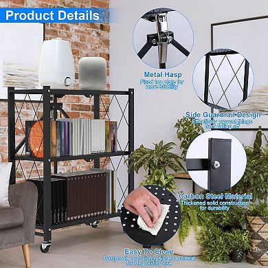 3-Tier Foldable Storage Shelf with Lockable Wheels, Heavy-Duty Rolling Organizer for Home