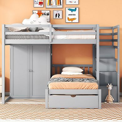 Merax Full Over Twin Bunk Bed with Wardrobe, Drawers
