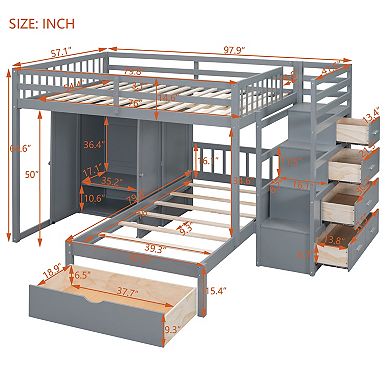 Merax Full Over Twin Bunk Bed with Wardrobe, Drawers