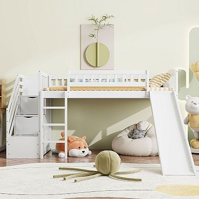 Merax Stairway Twin Size Loft Bed with Two Drawers and Slide